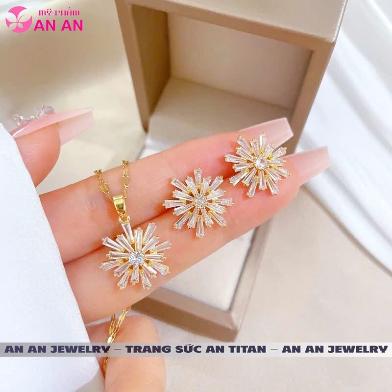 Bộ Dây Chuyền, Bông Tai Titan Đính Đá Zircon Hình Bông Tuyết Sang Trọng Cá Tính Dành Cho Nữ