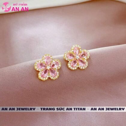 Bông Tai Titan Dát Đá Màu Hồng Hình Hoa Năm Cánh Nhiều Màu Sang Trọng Thời Trang Dự Tiệc Cho Nữ - AN AN JEWELRY