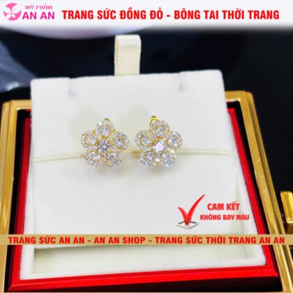 Bông Tai Đồng Đỏ Đính Đá Hình Hoa 5 Cánh, Trang Sức Đồng Đỏ Không bay màu - AN AN JEWELRY