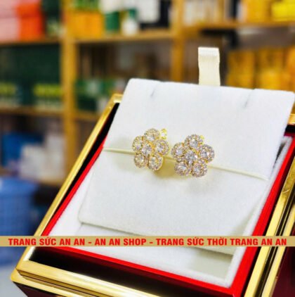 Bông Tai Đồng Đỏ Đính Đá Hình Hoa 5 Cánh, Trang Sức Đồng Đỏ Không bay màu - AN AN JEWELRY