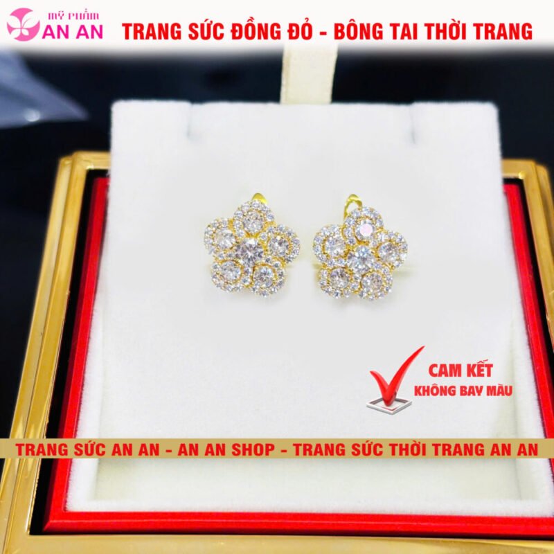 Bông Tai Đồng Đỏ Đính Đá Hình Hoa 5 Cánh, Trang Sức Đồng Đỏ Không bay màu - AN AN JEWELRY