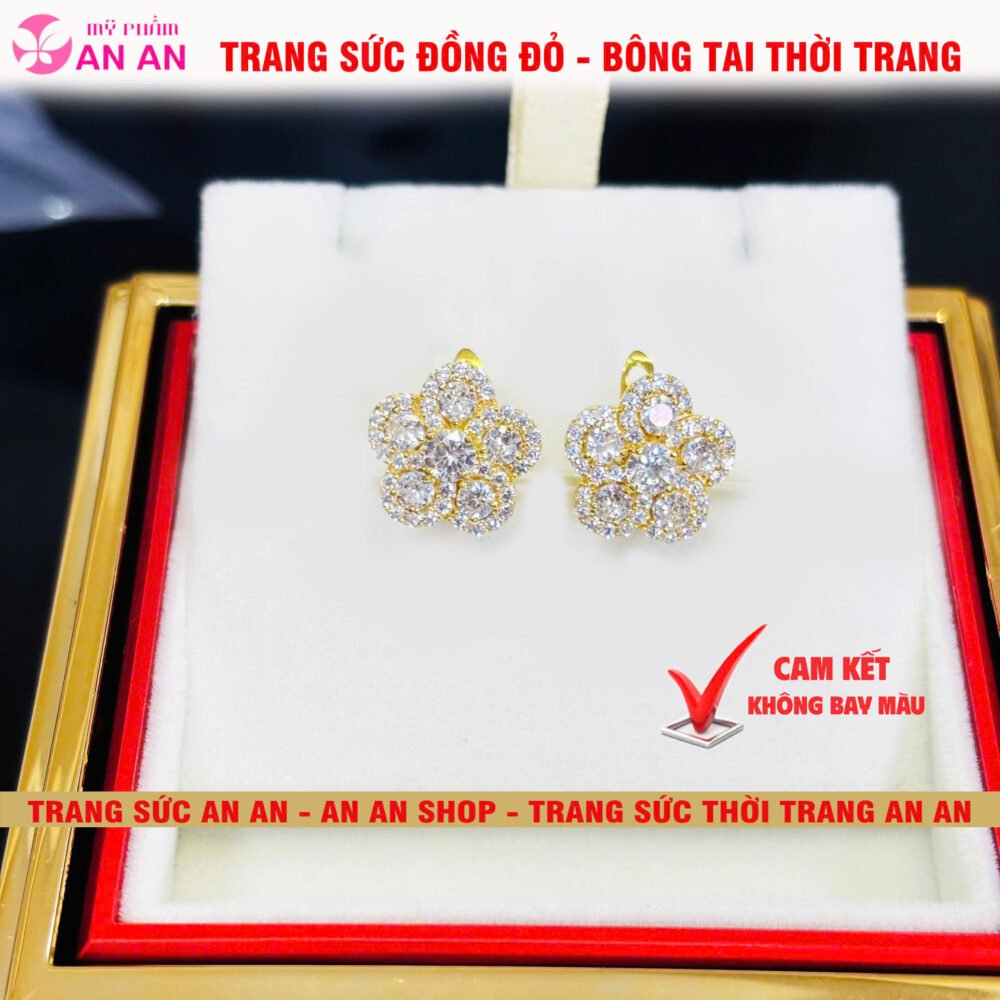 Bông Tai Đồng Đỏ Đính Đá Hình Hoa 5 Cánh, Trang Sức Đồng Đỏ Không bay màu - AN AN JEWELRY