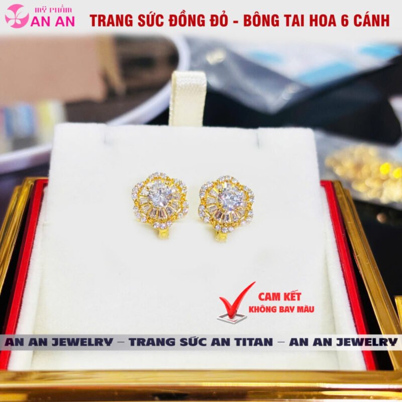 Bông Tai Đồng Đỏ Đính Đá Hình Hoa 6 Cánh, Trang Sức Đồng Đỏ - AN AN JEWELRY