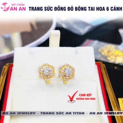 Bông Tai Đồng Đỏ Đính Đá Hình Hoa 6 Cánh, Trang Sức Đồng Đỏ - AN AN JEWELRY
