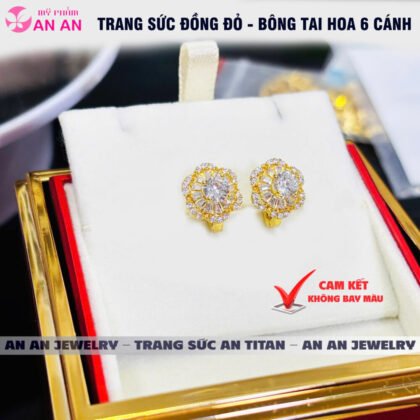 Bông Tai Đồng Đỏ Đính Đá Hình Hoa 6 Cánh, Trang Sức Đồng Đỏ - AN AN JEWELRY
