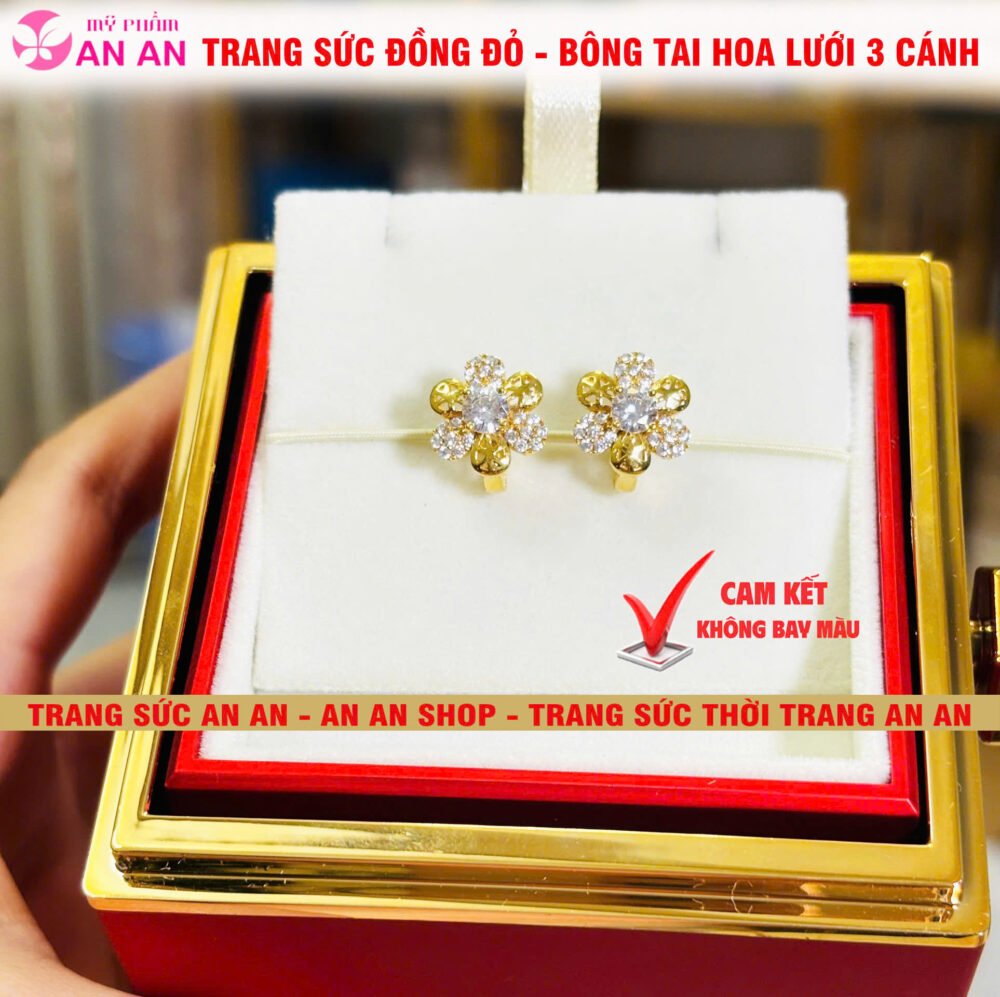 Bông Tai Đồng Đỏ Đính Đá Hình Hoa Lưới 3 Cánh, Trang Sức Đồng Đỏ Không bay màu - AN AN JEWELRY