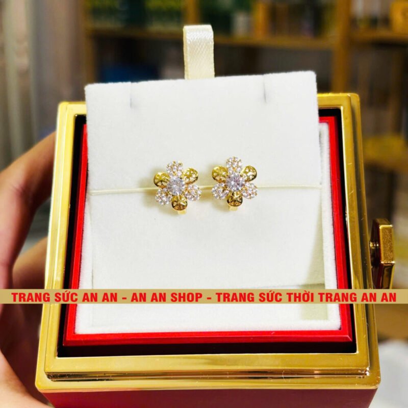 Bông Tai Đồng Đỏ Đính Đá Hình Hoa Lưới 3 Cánh, Trang Sức Đồng Đỏ Không bay màu - AN AN JEWELRY