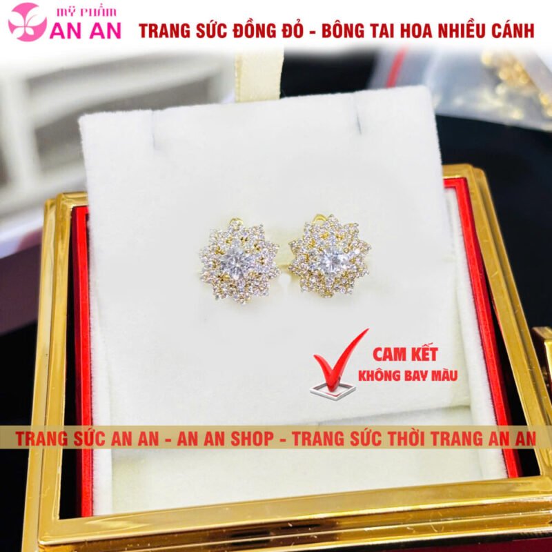 Bông Tai Đồng Đỏ Đính Đá Hình Hoa Nhiều Cánh, Trang Sức Đồng Đỏ - AN AN JEWELRY