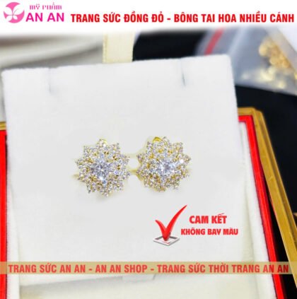 Bông Tai Đồng Đỏ Đính Đá Hình Hoa Nhiều Cánh, Trang Sức Đồng Đỏ - AN AN JEWELRY