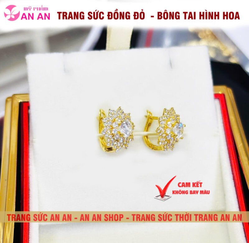 Bông Tai Đồng Đỏ Đính Đá Hình Hoa Nhiều Cánh, Trang Sức Đồng Đỏ - AN AN JEWELRY