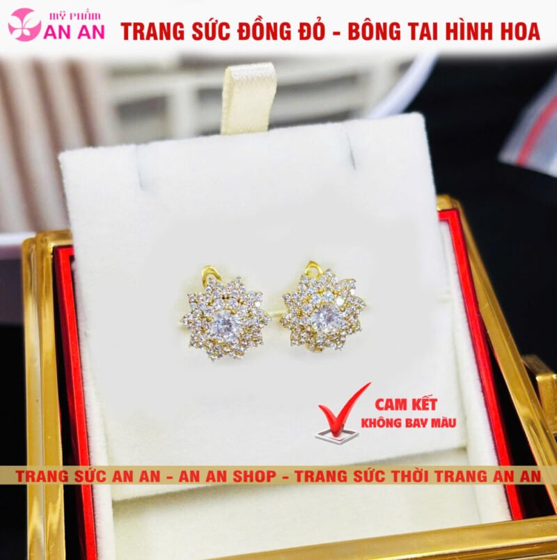 Bông Tai Đồng Đỏ Đính Đá Hình Hoa Nhiều Cánh, Trang Sức Đồng Đỏ - AN AN JEWELRY