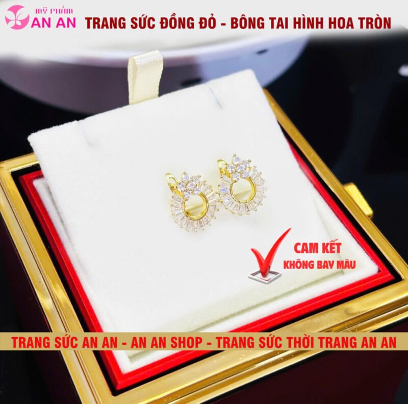 Bông Tai Đồng Đỏ Đính Đá Tròn Hình Bông hoa Thời trang, Trang Sức Đồng Đỏ - AN AN JEWELRY