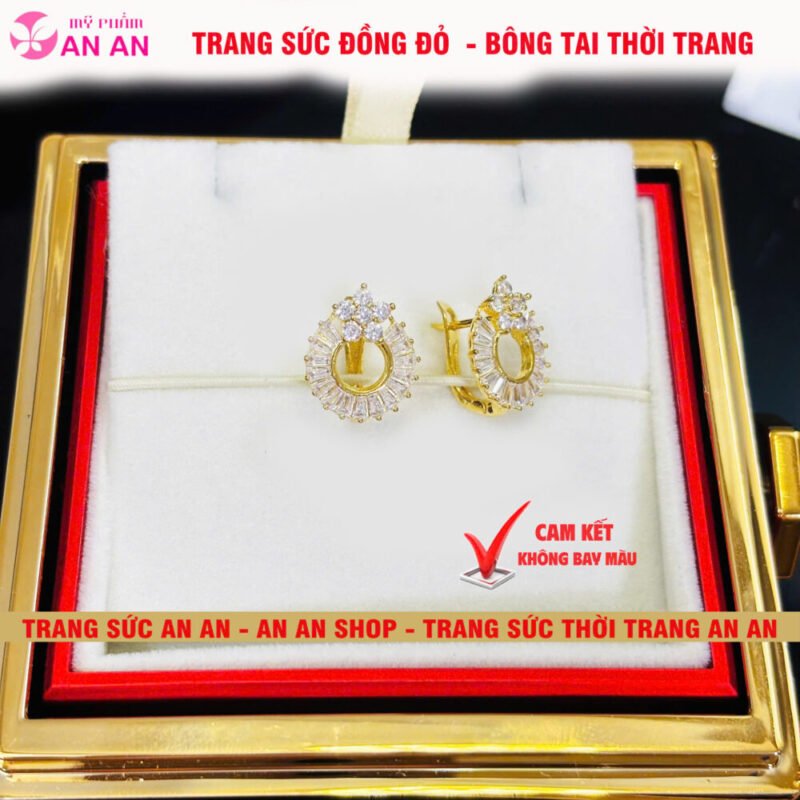 Bông Tai Đồng Đỏ Đính Đá Tròn Hình Bông hoa Thời trang, Trang Sức Đồng Đỏ - AN AN JEWELRY