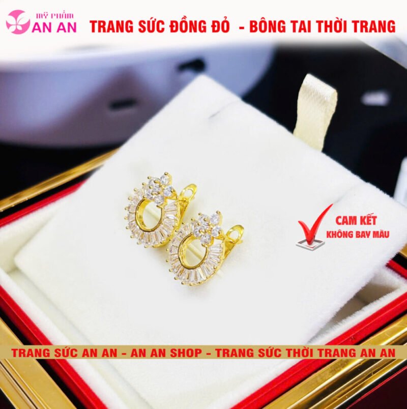 Bông Tai Đồng Đỏ Đính Đá Tròn Hình Bông hoa Thời trang, Trang Sức Đồng Đỏ - AN AN JEWELRY