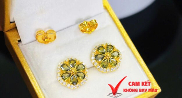 Bông Tai Đồng Đỏ Đính Đá Hình Hoa Màu Xanh Rêu Thời trang, Trang Sức Đồng Đỏ Không Bay Màu - AN AN JEWELRY